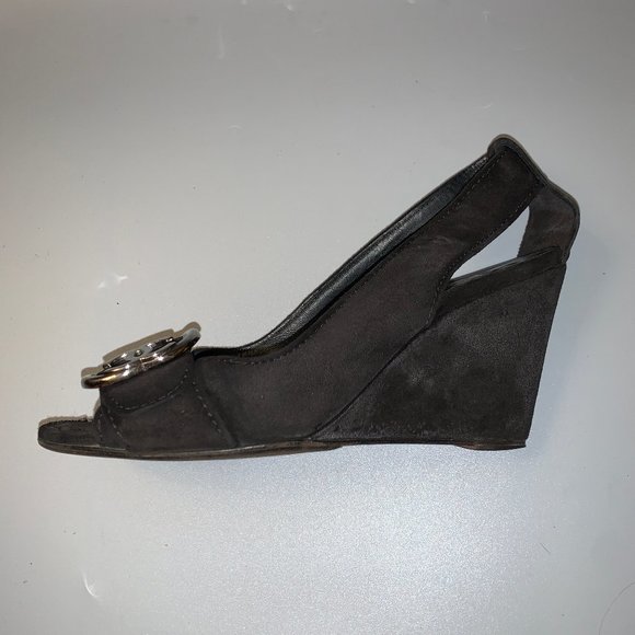 Chanel Black Suede Peep-Toe Wedge Heels - Picture 11 of 13